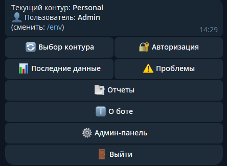 Главное меню Telegram-бота для Zabbix с выбором контура, авторизацией, последними данными, проблемами и отчётами